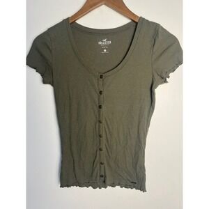 Hollister Sm Olive Green Ribbed Button Down Slim Tee Short Sleeve Scoop Neck Y2K